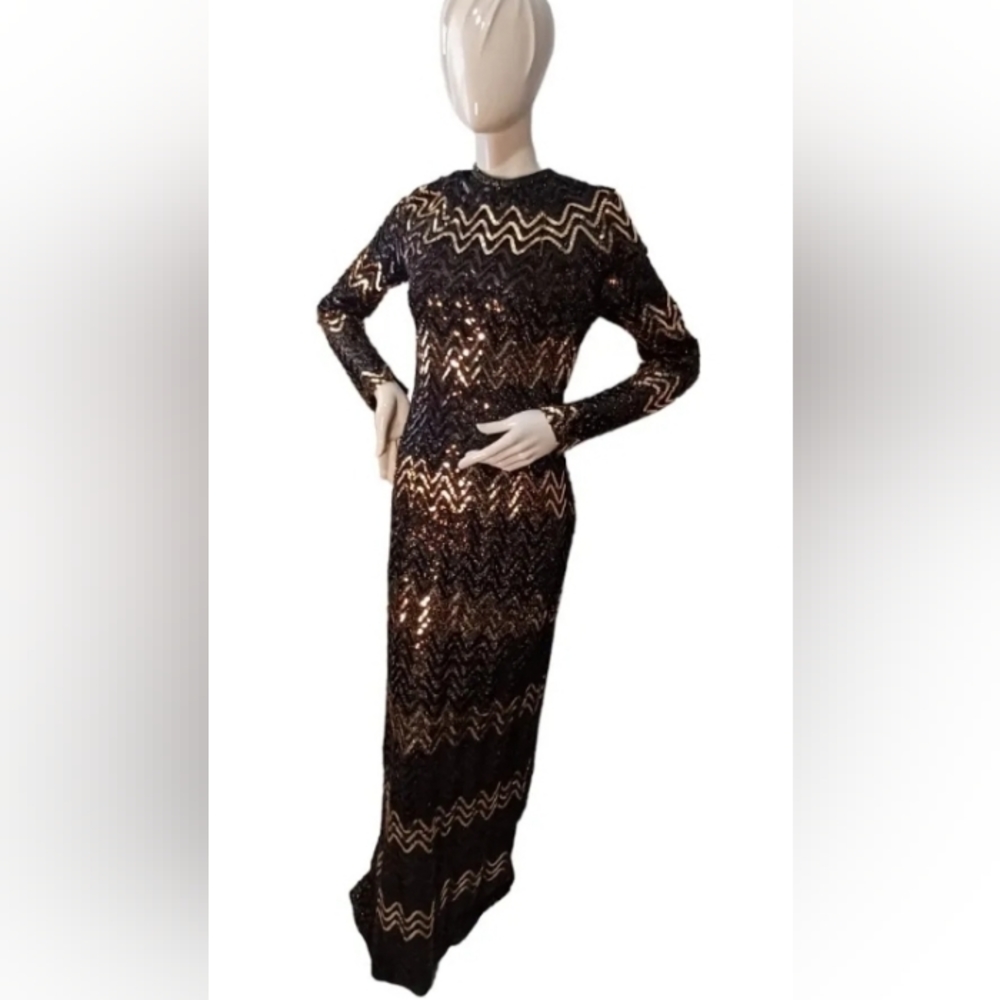 True Vintage 1970s Body Con Formal Chevron Sequins Brown Gold Pattern or Repair